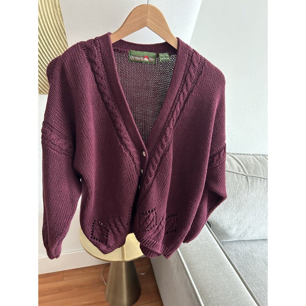 Vtg Outback Purple Cable Knit Oversized Chunky Cardigan L Fisherman Preppy
90s